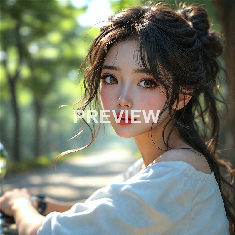 A young woman with wavy hair and bright eyes, wearing a white top, is outdoors in a lush green forest setting during daylight, looking directly at the camera.